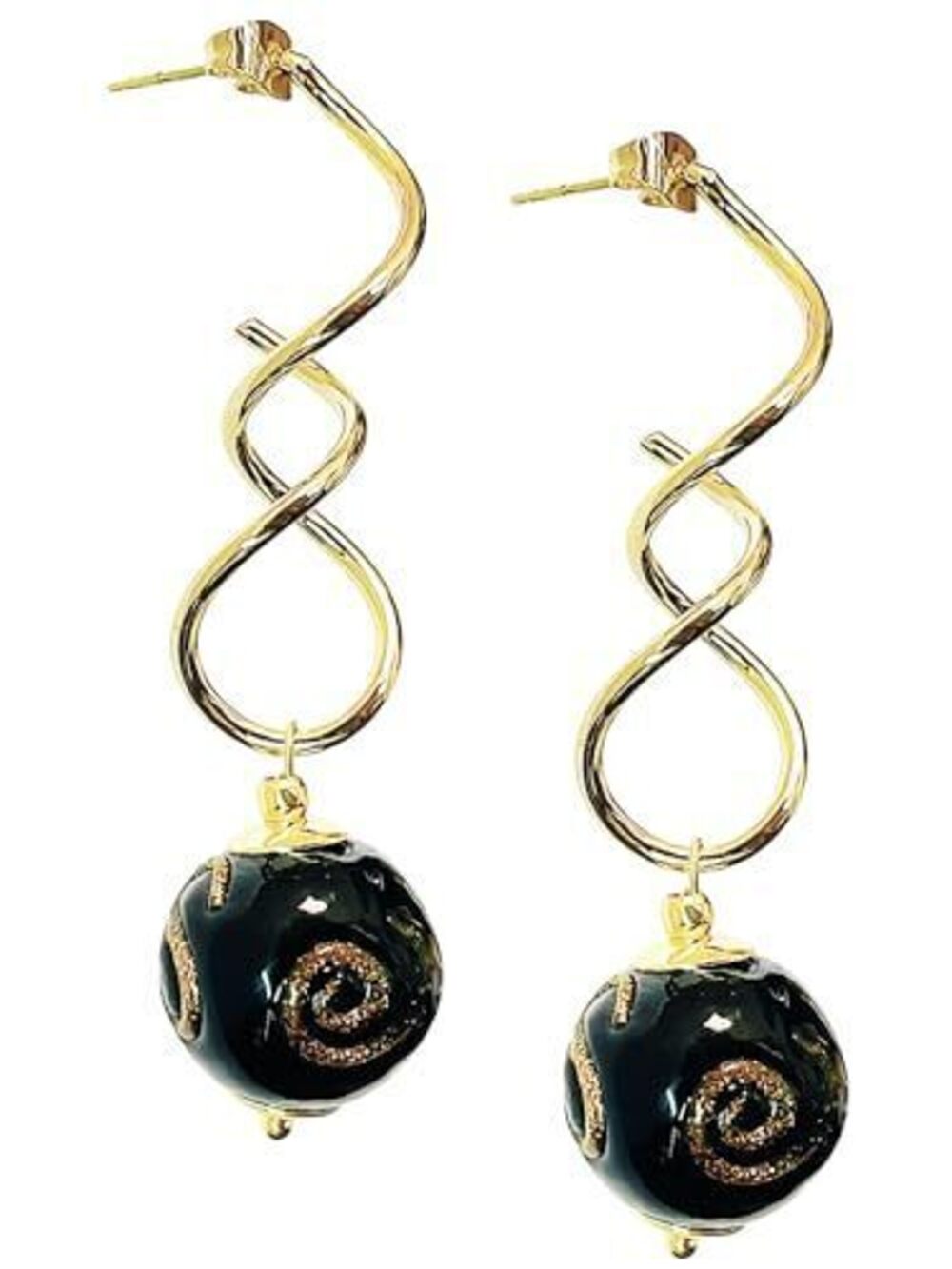 9858 Murano Style Glass Earrings , 18k Gold Plated Spiral Twist Statement